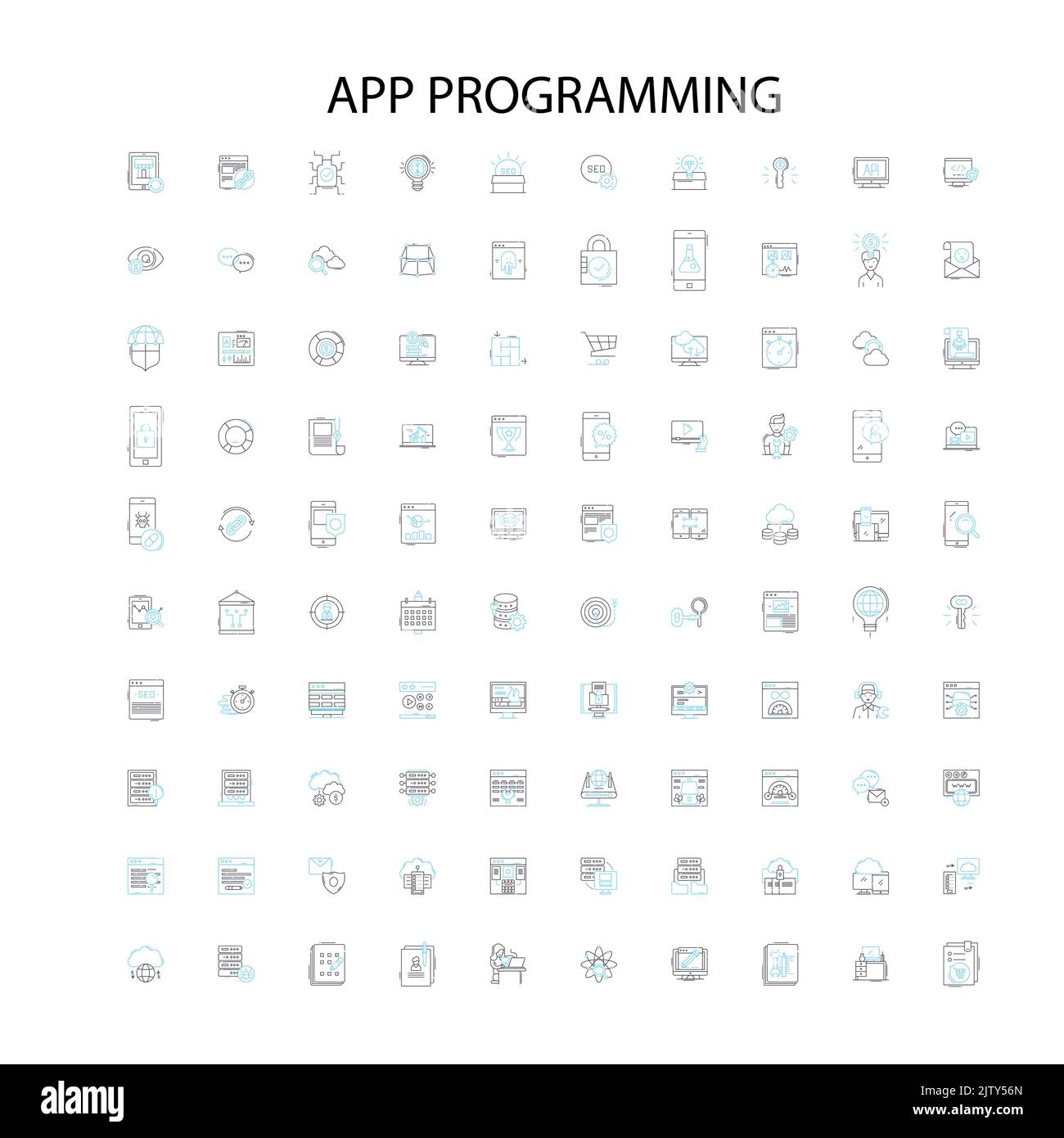 icone di programmazione delle app, cartelli, simboli di contorno, linee di illustrazione lineari concettuali Illustrazione Vettoriale