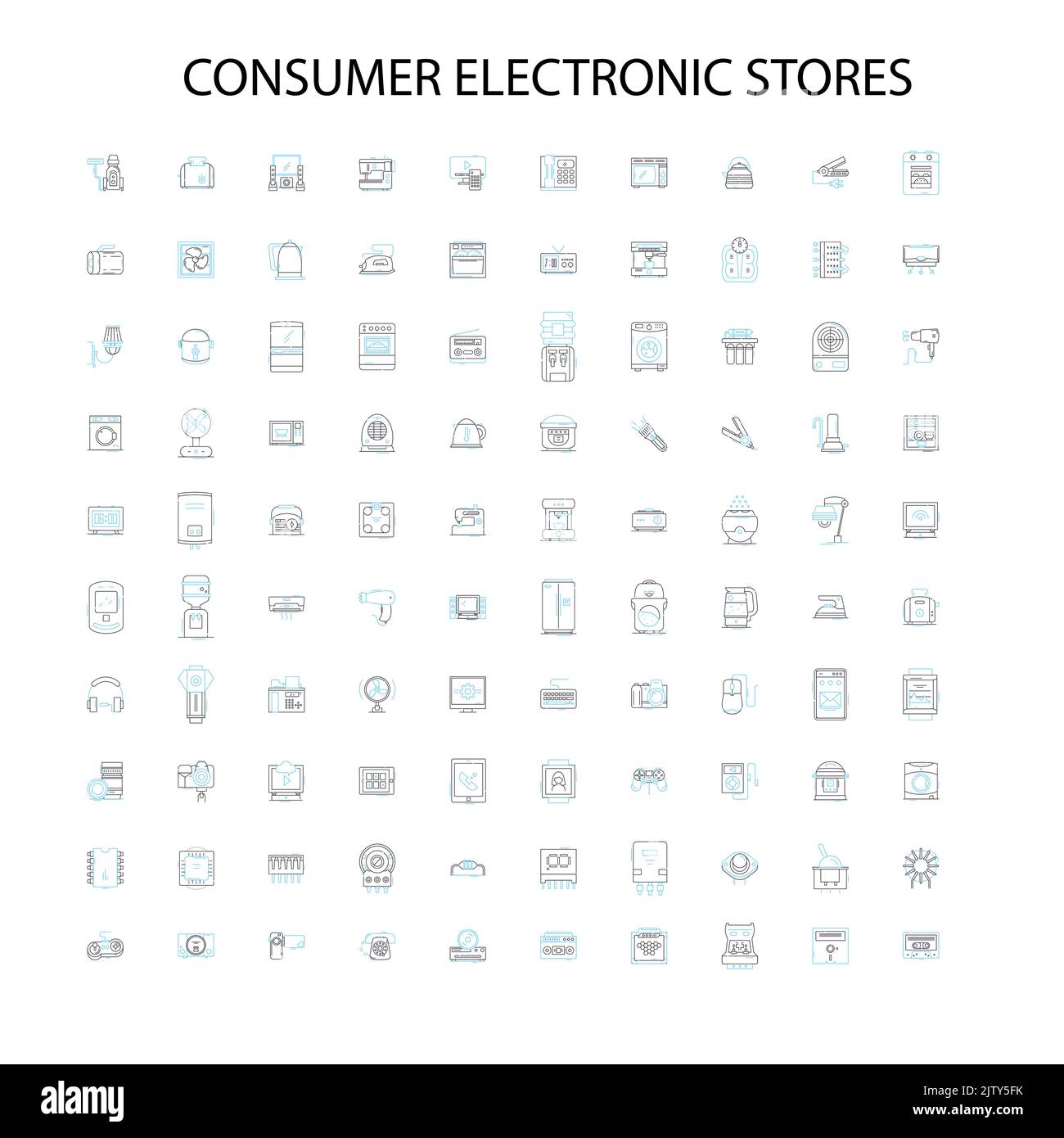 negozi elettronici di consumo icone, insegne, simboli di contorno, concept lineare illustrazione collezione di linee Illustrazione Vettoriale