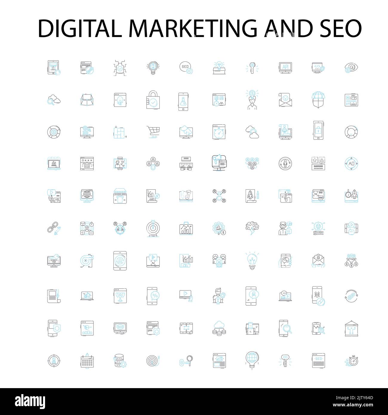 marketing digitale e seo icone, segni, simboli di contorno, concetto lineare illustrazione collezione di linee Illustrazione Vettoriale