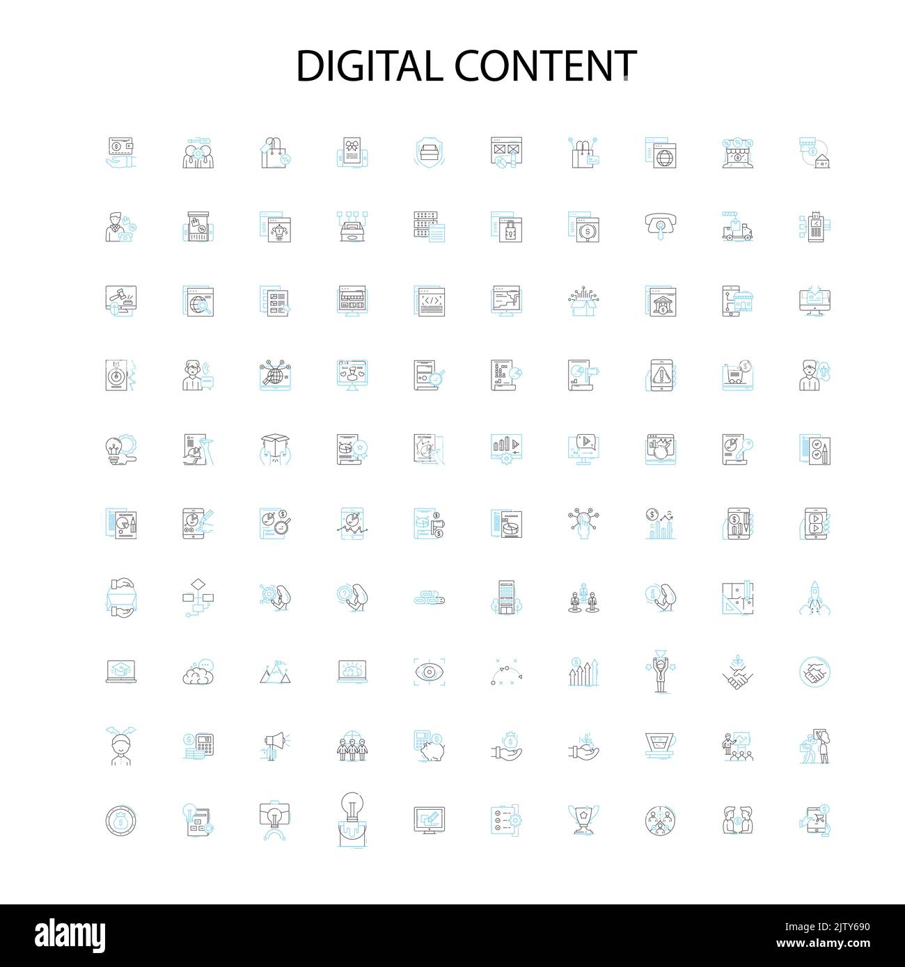 icone di contenuti digitali, insegne, simboli di contorno, linee di illustrazione lineari concettuali Illustrazione Vettoriale