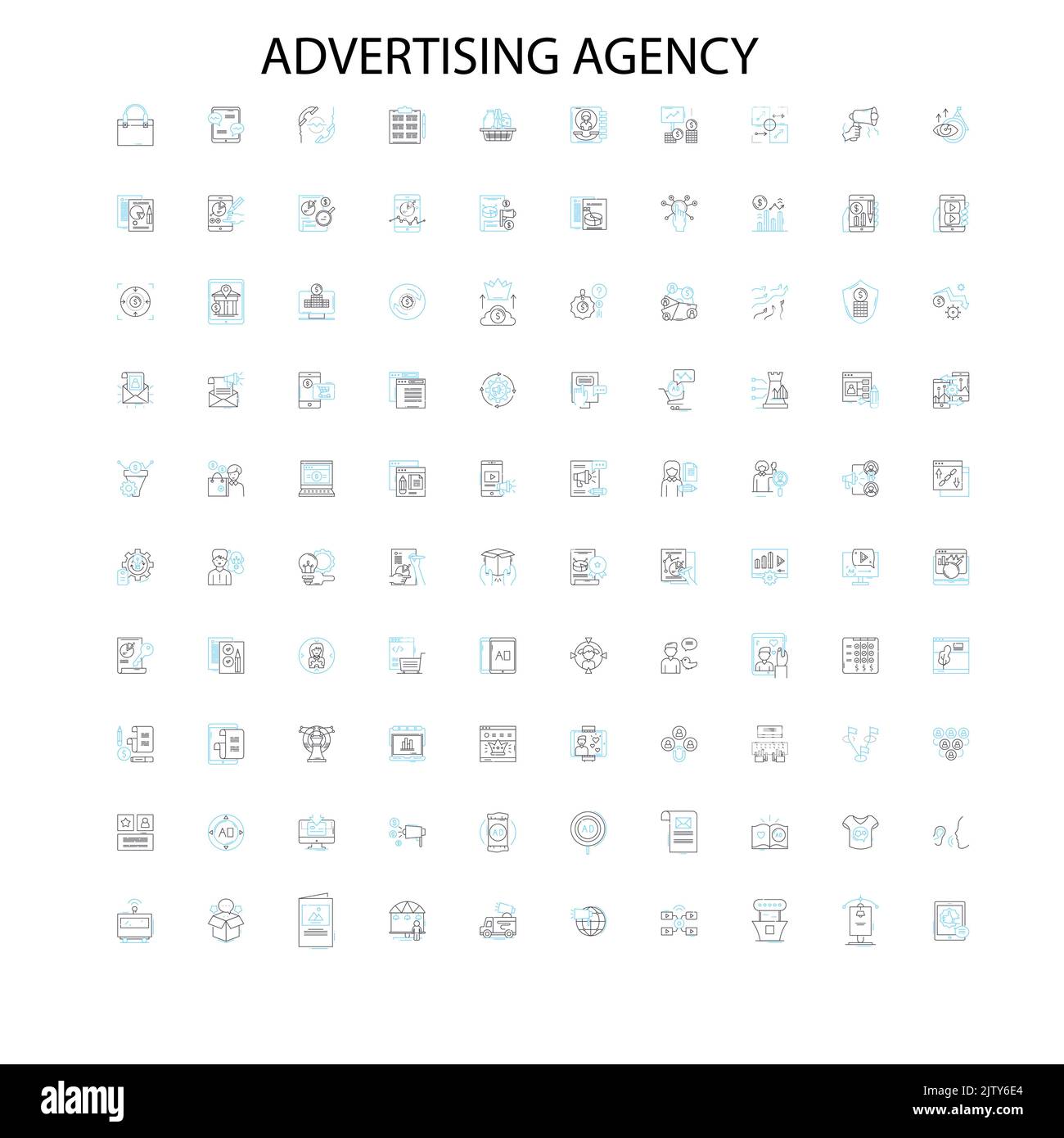 agenzie pubblicitarie icone, segni, simboli di contorno, concetto lineare illustrazione collezione di linee Illustrazione Vettoriale