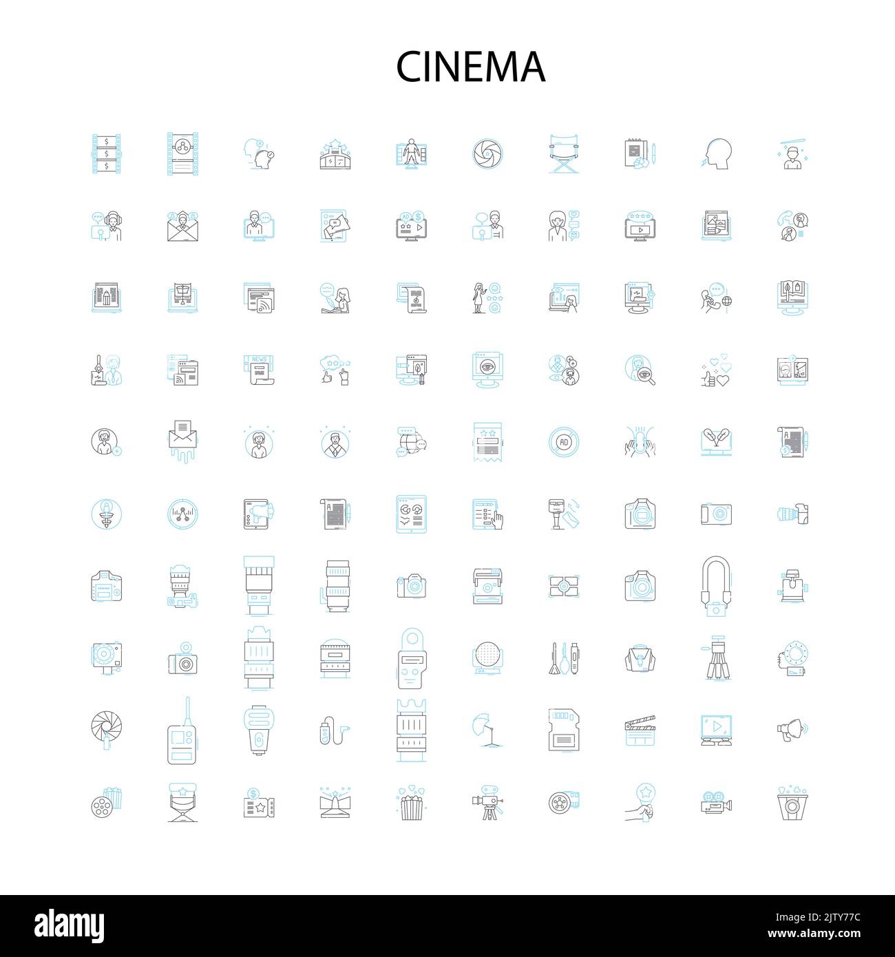 icone cinematografiche, insegne, simboli di contorno, linee di illustrazione lineari concettuali Illustrazione Vettoriale