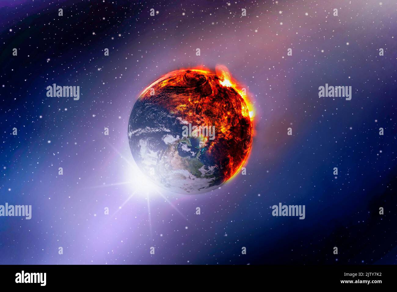 Vista di guardare brucia pianeta terra su spazio galassia e sfondo stella , Global Warming Concept , elementi di questa immagine forniti dalla NASA. Foto Stock