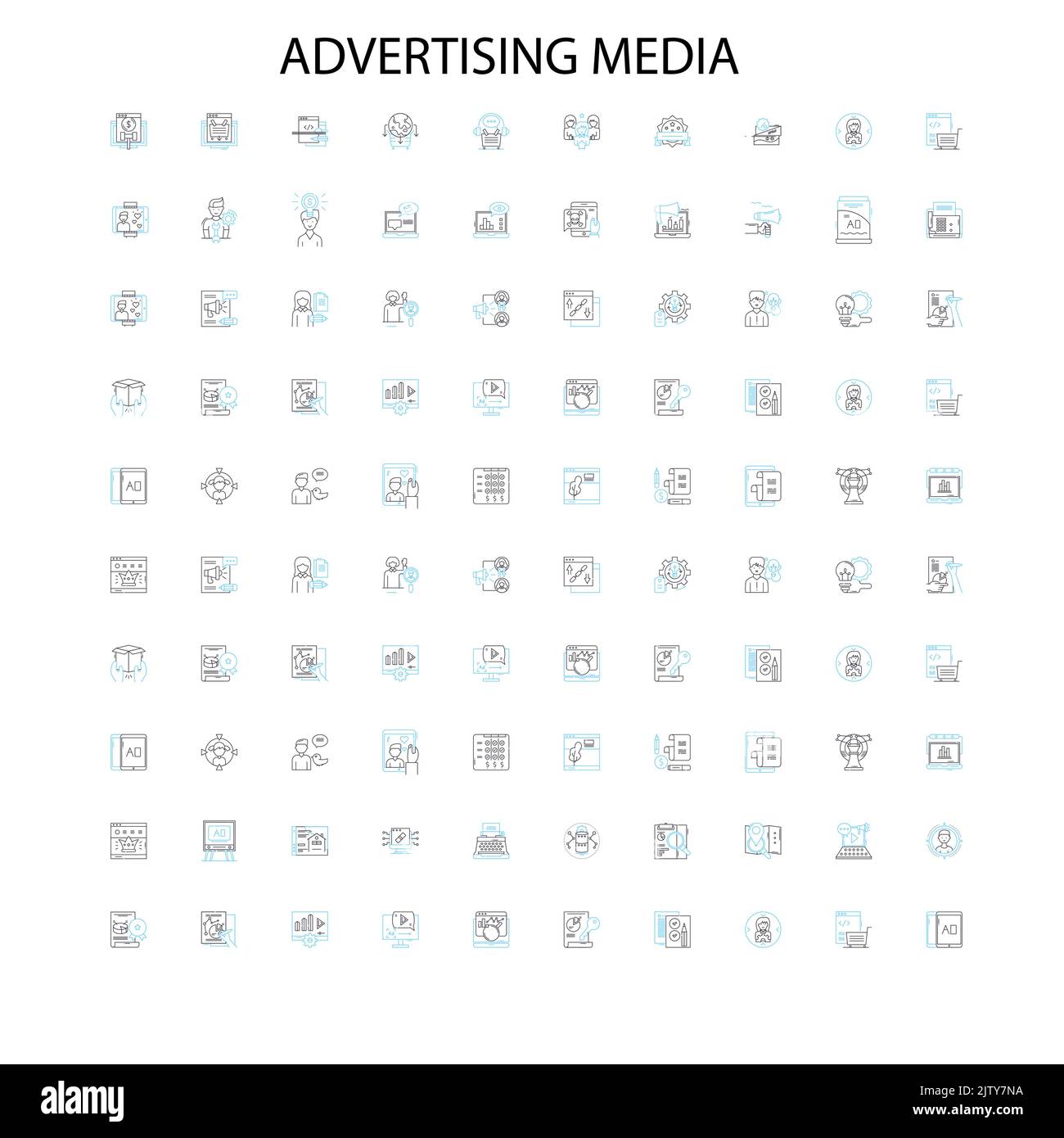 pubblicità media icone, insegne, simboli di contorno, concetto lineare illustrazione collezione di linee Illustrazione Vettoriale