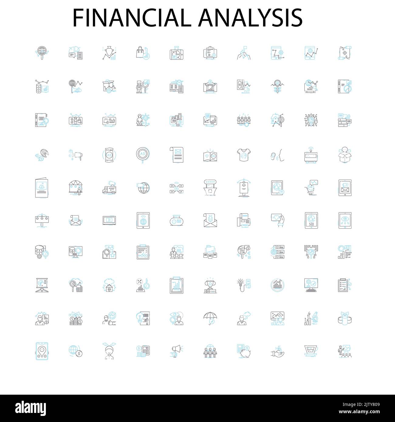 analisi finanziaria icone, segni, simboli di contorno, concetto di illustrazione lineare collezione di linee Illustrazione Vettoriale