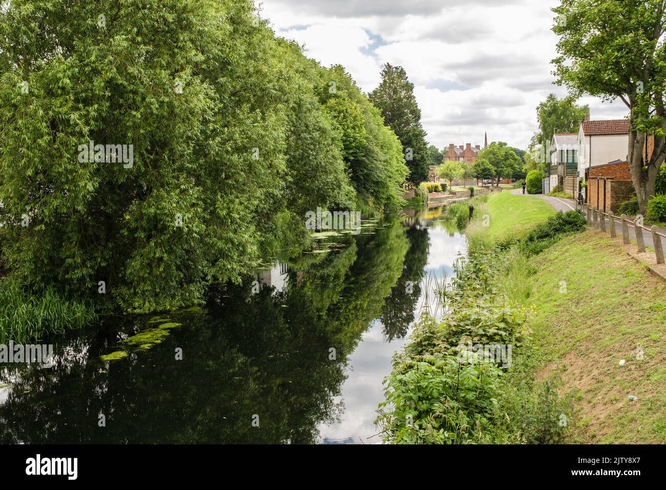 Pista ciclabile e sentiero lungo il fiume Welland ai margini della città in estate. Spalding, Lincolnshire, Inghilterra, Regno Unito, Gran Bretagna Foto Stock