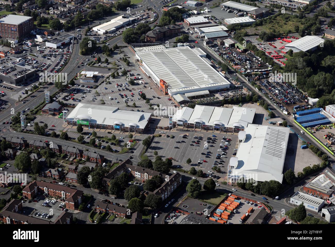 Vista aerea del Bolton Gate Retail Park, Bolton Foto Stock