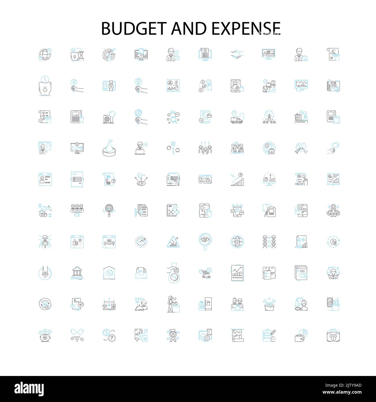 icone di budget e spese, segni, simboli di contorno, illustrazione lineare concetto collezione di linee Illustrazione Vettoriale