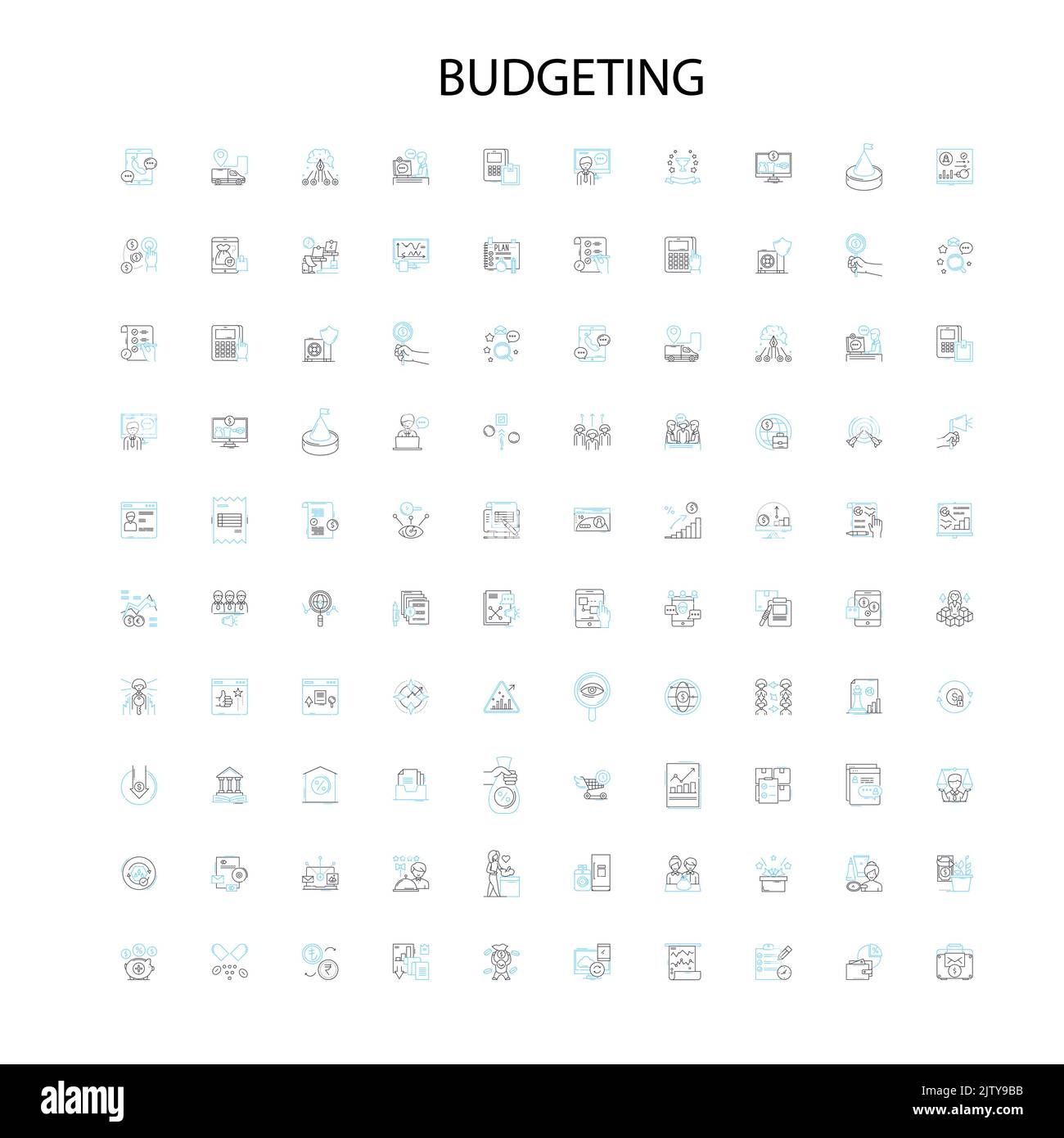icone di budget, cartelli, simboli di contorno, linee di illustrazione lineare concettuale Illustrazione Vettoriale