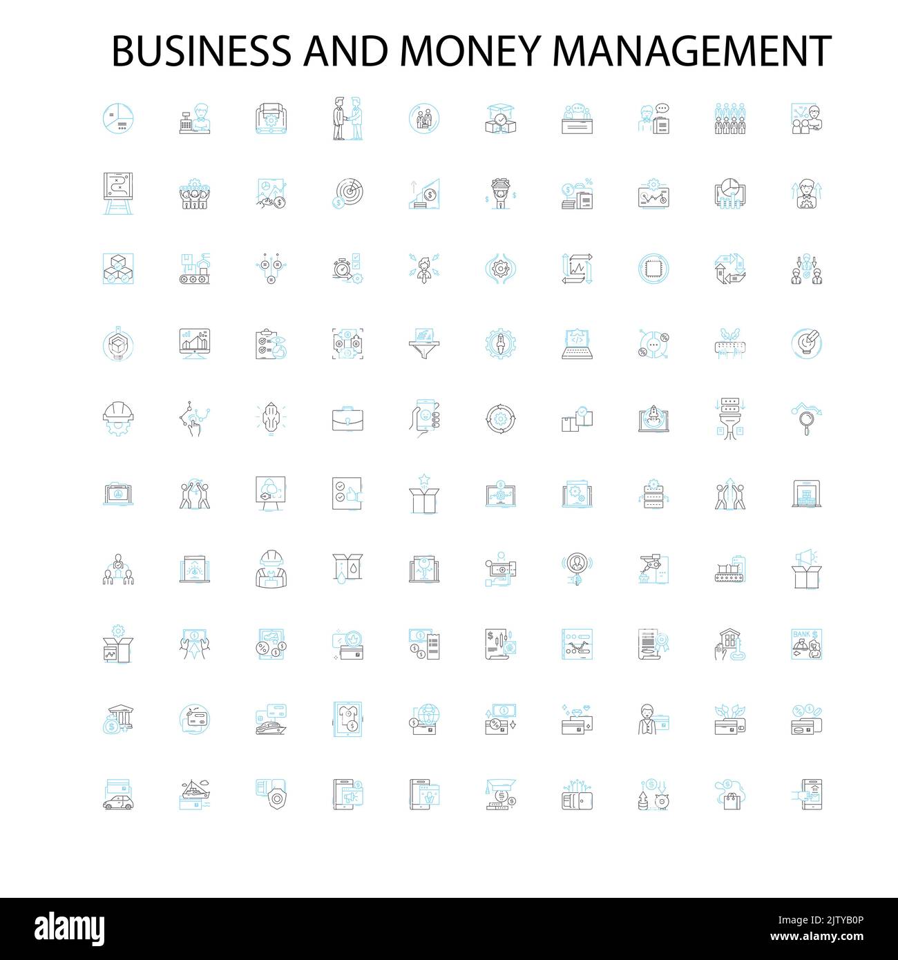 icone di gestione aziendale e monetaria, insegne, simboli di contorno, linee di illustrazione lineari concettuali Illustrazione Vettoriale