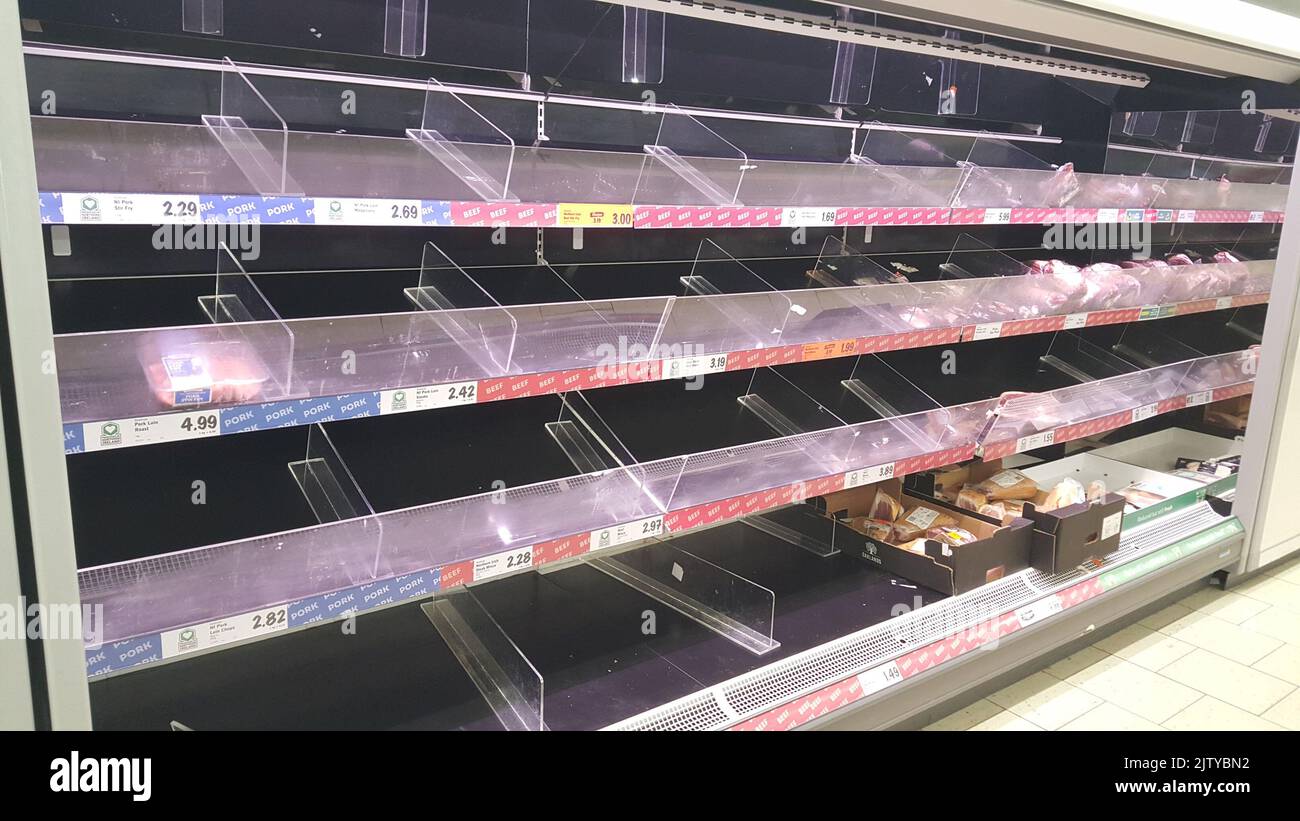 vuoto mensole di carne in un supermercato lidl durante blocco covid 19 panico acquisto nel nord irlanda Foto Stock