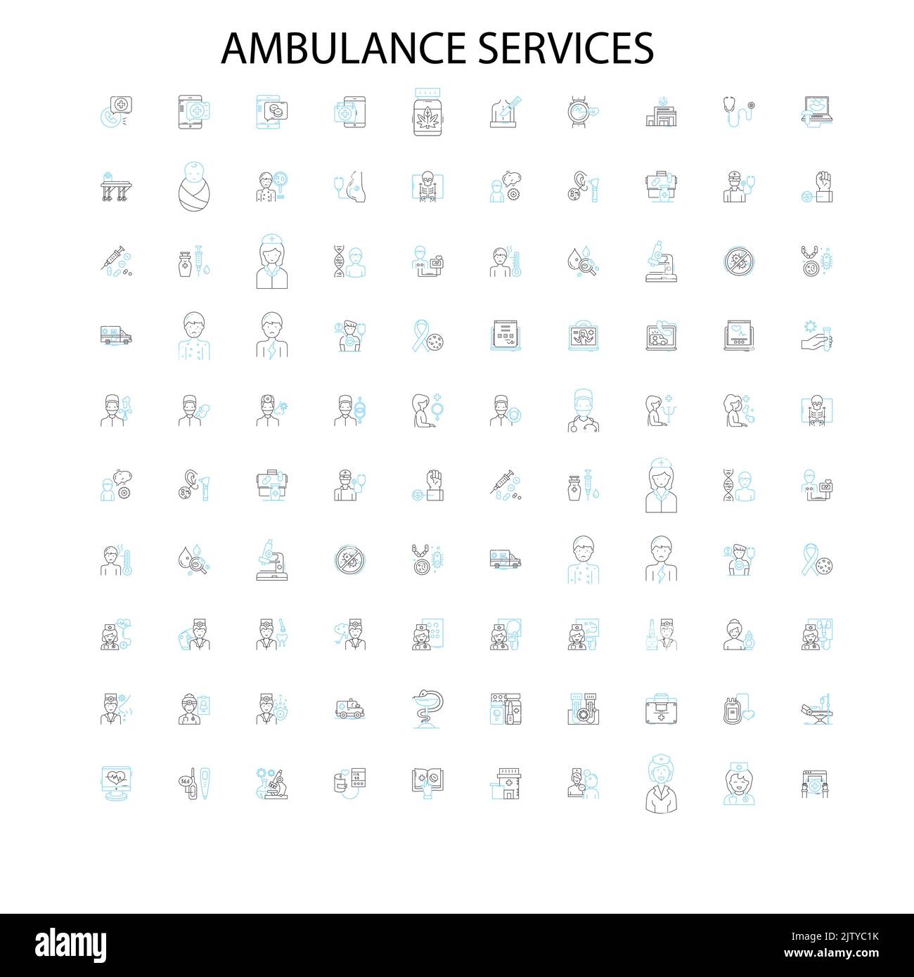 ambulanza servizi icone, segni, simboli di contorno, concetto lineare illustrazione linea di raccolta Illustrazione Vettoriale