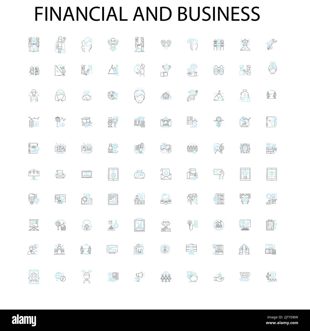 icone finanziarie e commerciali, insegne, simboli di contorno, linee di illustrazione lineari concettuali Illustrazione Vettoriale