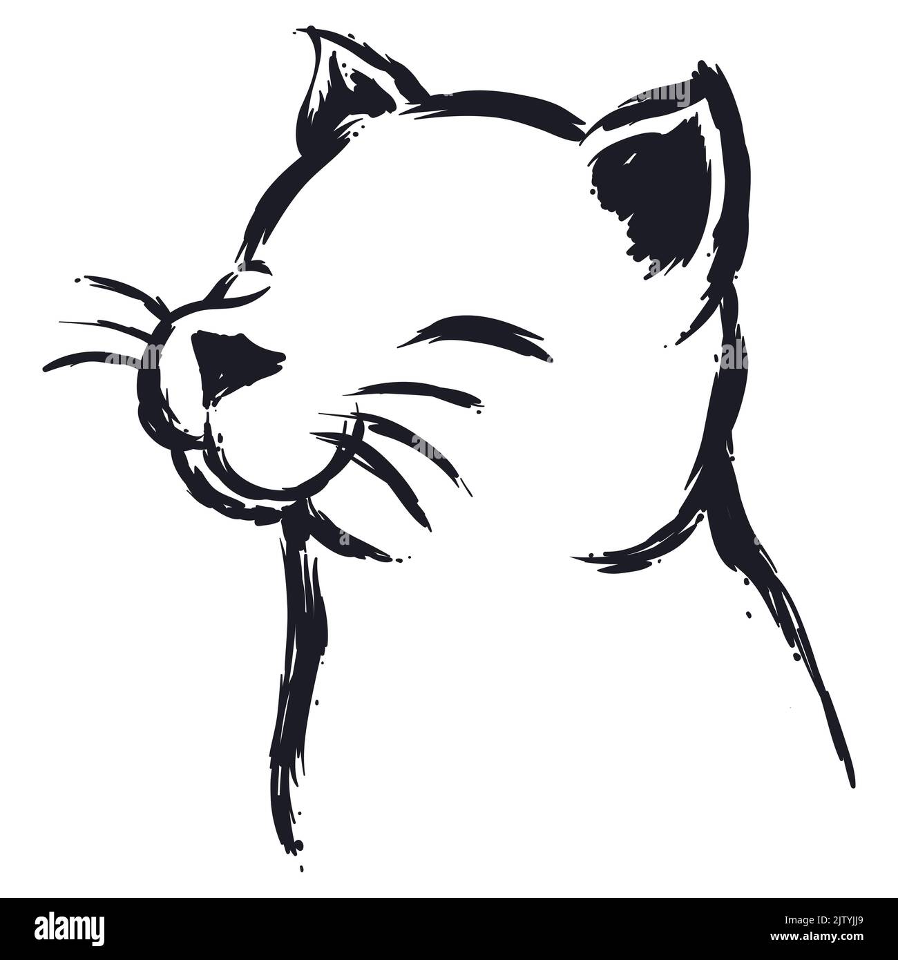 Design in stile disegnato a mano di carino gatto ritratto fatto con pennellate su sfondo bianco. Illustrazione Vettoriale