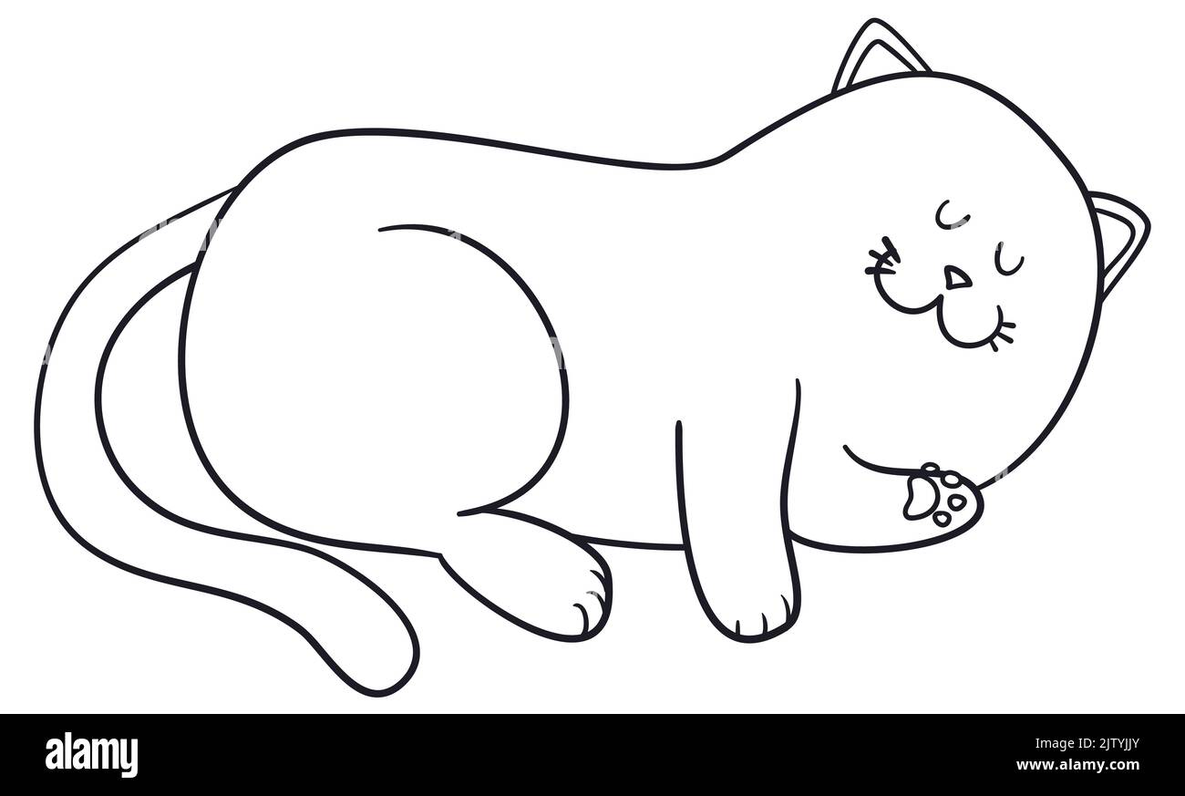 Gatto pigro e chubby che prende un pisolino, in linee stile per la colorazione. Illustrazione Vettoriale