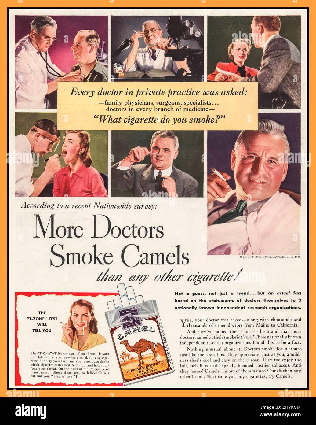 1950s Sigarette Pubblicità Medici Sigarette fumo Endorsement 'più Medici Smoke cammelli di qualsiasi altra sigaretta". Camel sigaretta Pubblicità in America USA Foto Stock