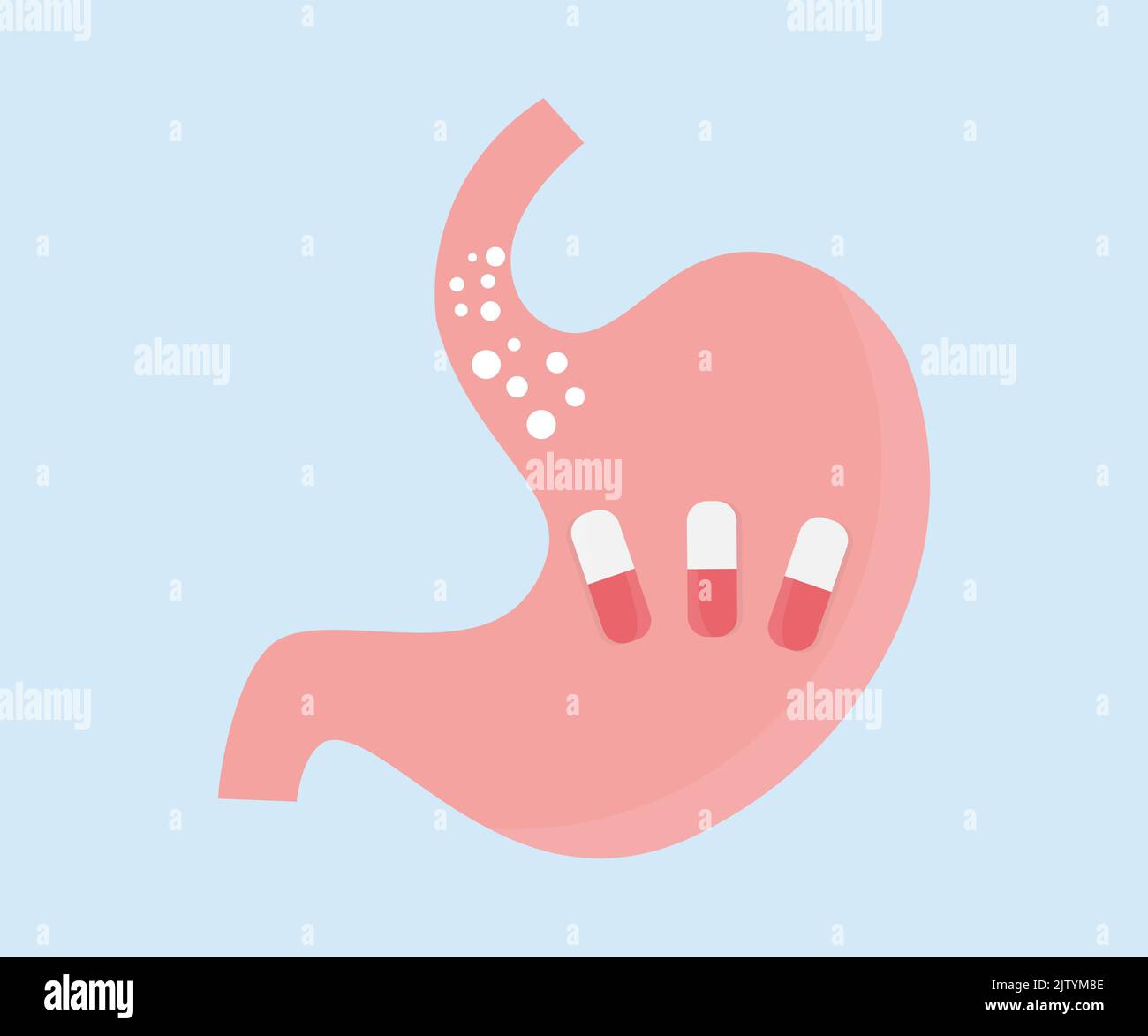 Stomaco con pillole logo design. Primo piano dello stomaco umano. Anatomia dell'organo. Apparato digerente. Ulcera, cancro, gastrite, disbiosi. Medicina innovativa. Illustrazione Vettoriale