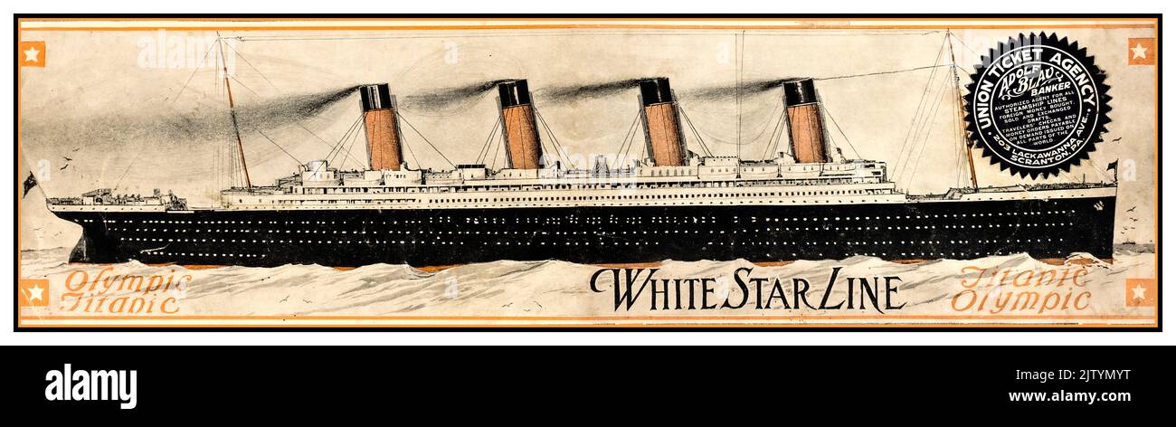 LA brochure OLYMPIC-TITANIC A White Star Line copre la prima brochure del c1910 per le navi della classe Olympic. Da un broker di navi a vapore, la Union Ticket Agency Scranton PA USA Foto Stock