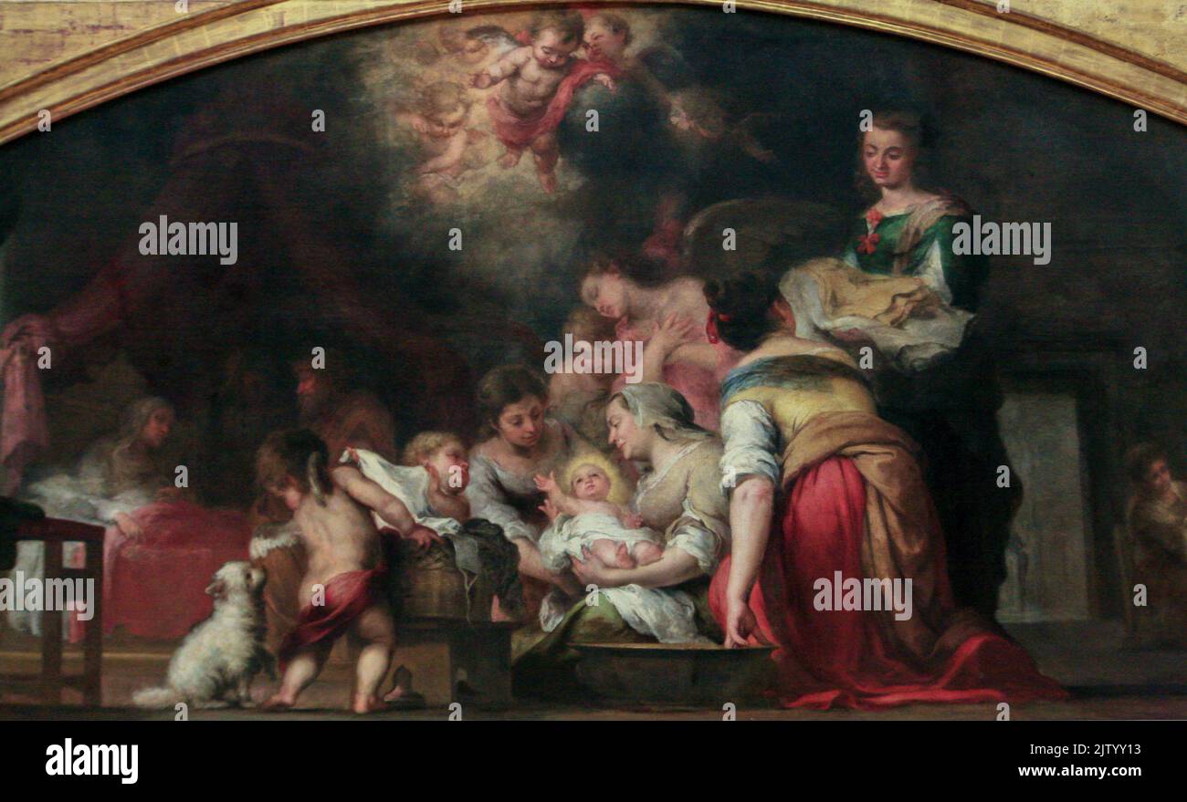 Nascita della Vergine 1660, dipinto a olio su tela del pittore spagnolo Bartolome Esteban Murillo originariamente dipinto per Cappella dell'Immacolata Conceptio Foto Stock