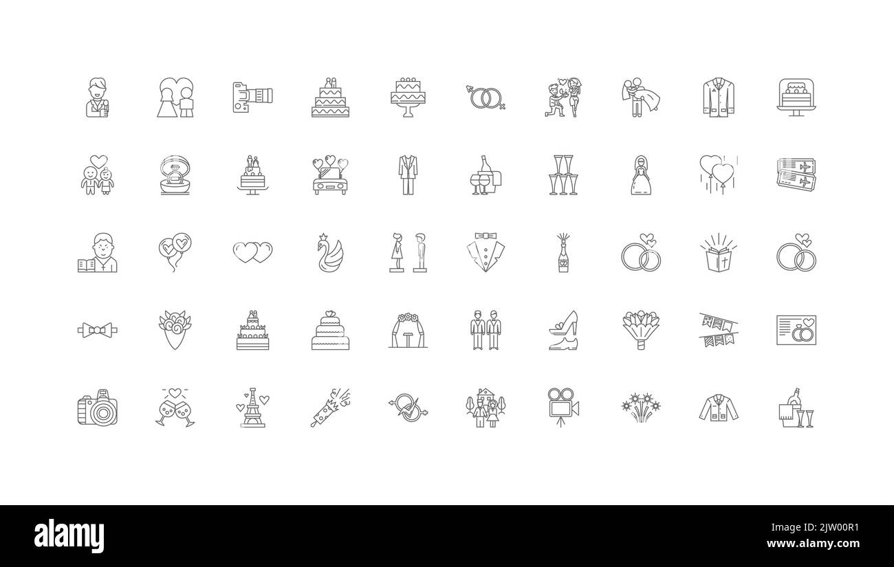Idee per matrimoni, icone lineari, set di insegne, collezione vettoriale Illustrazione Vettoriale