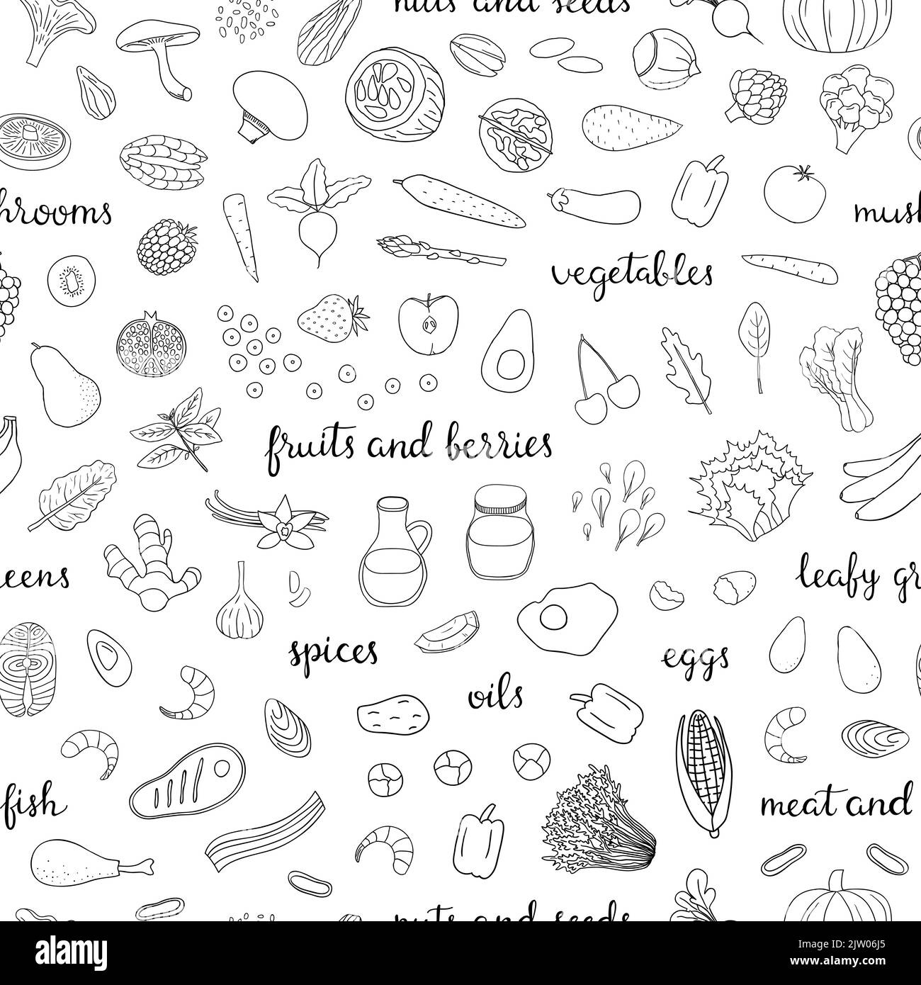 Motivo senza cuciture in bianco e nero con contorni disegnati a mano alimenti per diete paleo e scritte. Illustrazione Vettoriale