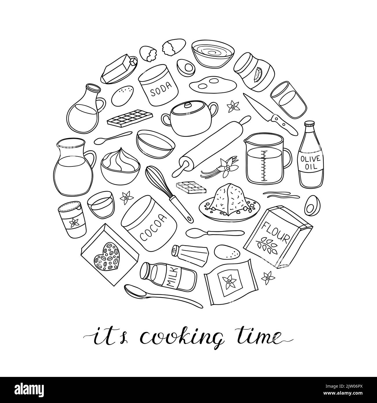 Contorno di cottura disegnato a mano, ingredienti di cottura composti a forma di cerchio con scritte. Illustrazione Vettoriale