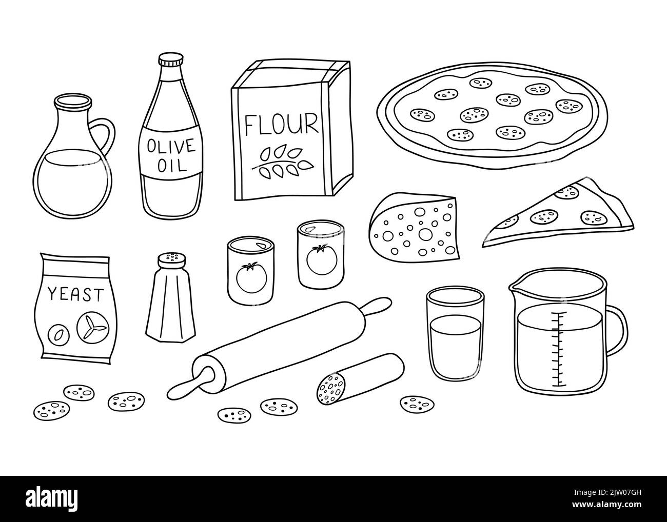 Set di ingredienti disegnati a mano per pizza peperoni isolato su sfondo bianco. Illustrazione Vettoriale