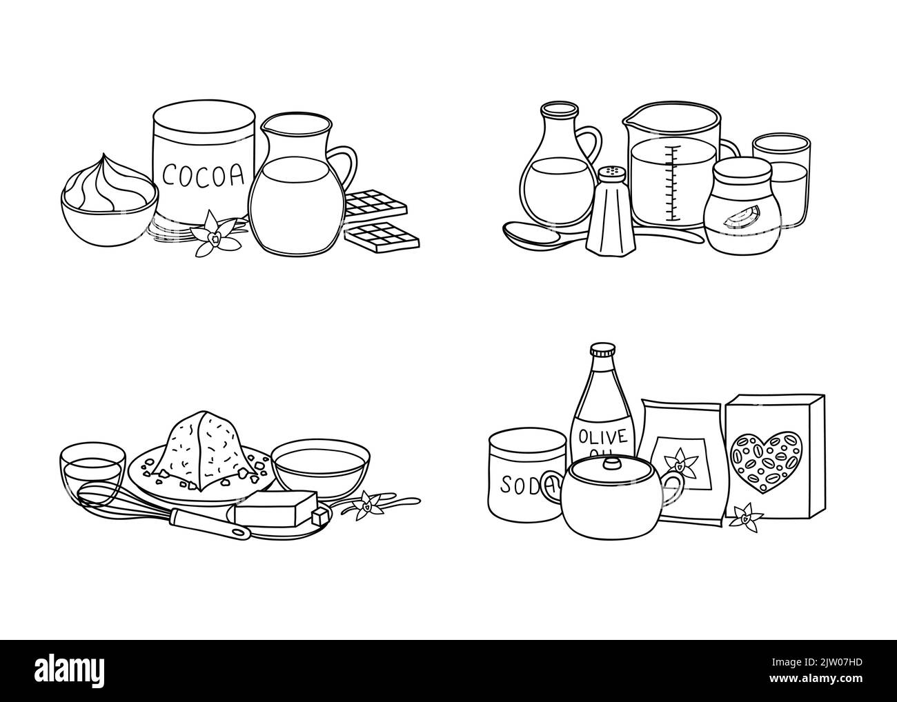 Gruppi di contorni disegnati a mano che cucinano, ingredienti di cottura isolati su fondo bianco. Illustrazione Vettoriale