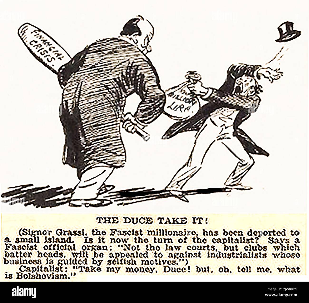 CRISI FINANZIARIA DEL 1927 cui si fa riferimento in un cartone animato politico inglese del 1927. --------- SPIEGAZIONE - al tempo Benito Mussolini aveva ammesso che il fascismo era coinvolto nella crisi finanziaria del tempo, e il milionario grassi era stato deportato in un'isola siciliana. (Il leader del Partito Nazionale fascista Benito Mussolini è stato chiamato il Duce (il leader) dai fascisti italiani) -- CRISSI FINANZIARIA DEL 1927 A chi si fa riferimento in una vignetta politica inglese del 1927. All'epoca Benito Mussolini avrebe ammesto che il fascismo era coinvolto nella critico finanziaria dell'epoca Foto Stock