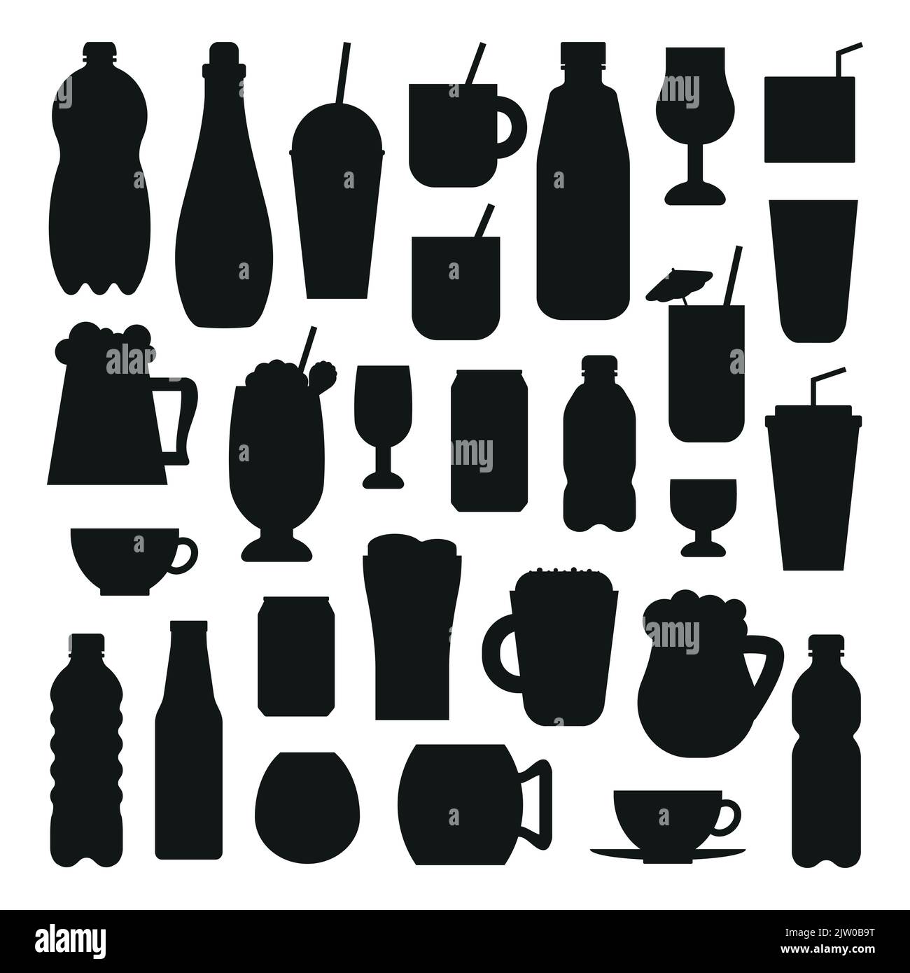 Set di diverse bevande liquide nere piatte isolate su sfondo bianco. Illustrazione Vettoriale