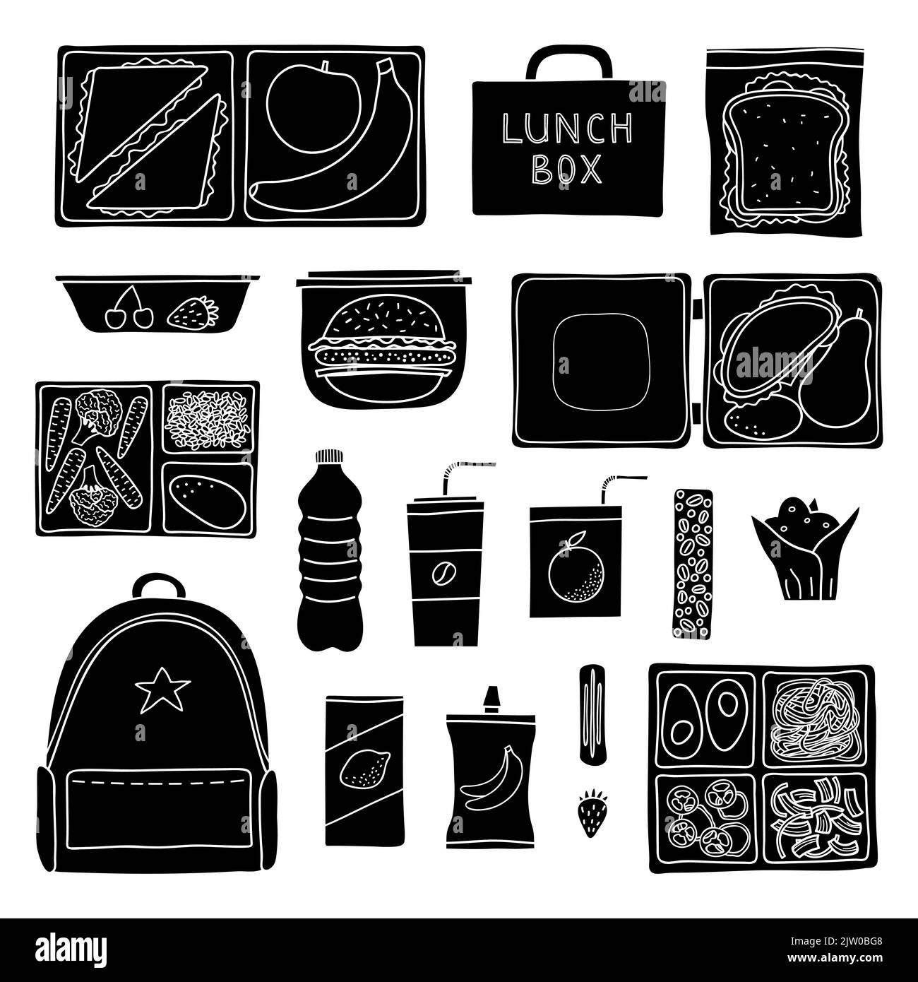 Set di scatole per pranzo al sacco disegnate a mano isolate su sfondo bianco. Illustrazione Vettoriale