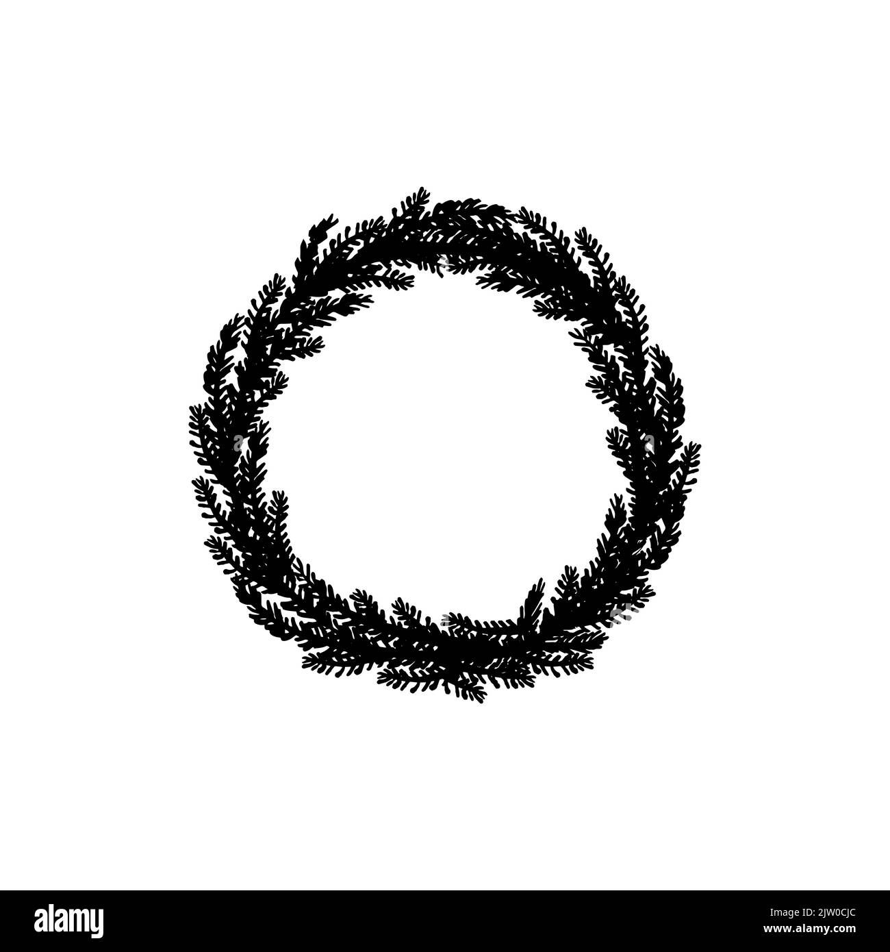 Corona rotonda nera con rami di abete dipinti a mano isolati su fondo bianco. Illustrazione Vettoriale