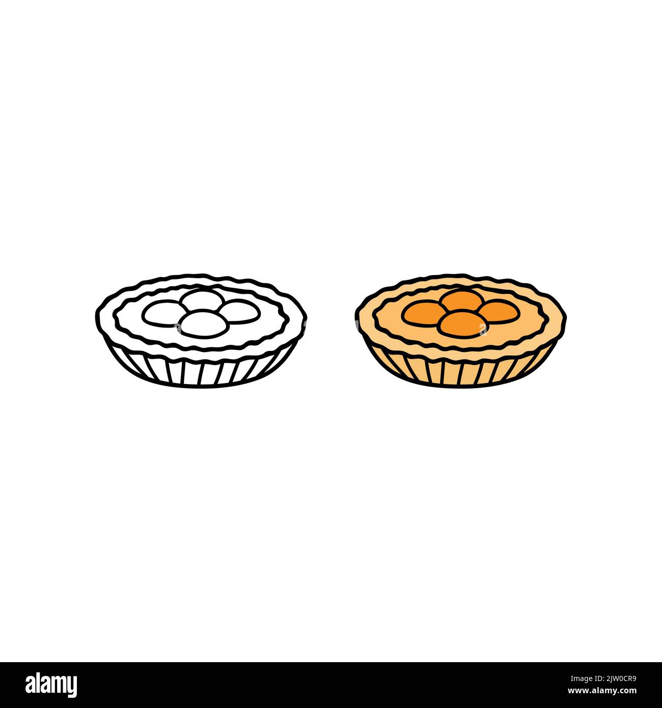 Disegnato a mano colorato e contorno crostata con pesca isolato su sfondo bianco. Illustrazione Vettoriale