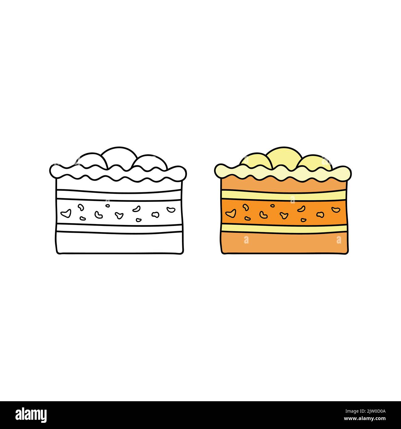 Doodle colorato e contorno cremoso torta di biscotto isolato su sfondo bianco. Illustrazione Vettoriale