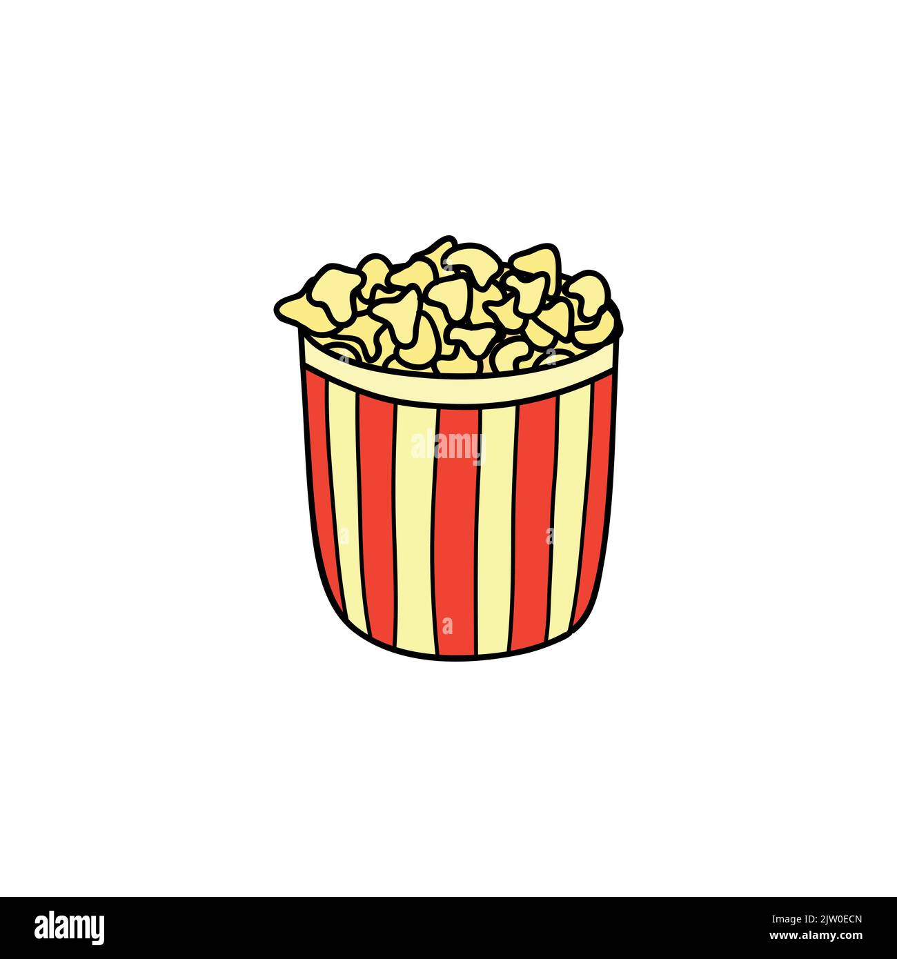 Busket di popcorn colorato disegnato a mano isolato su sfondo bianco. Illustrazione Vettoriale