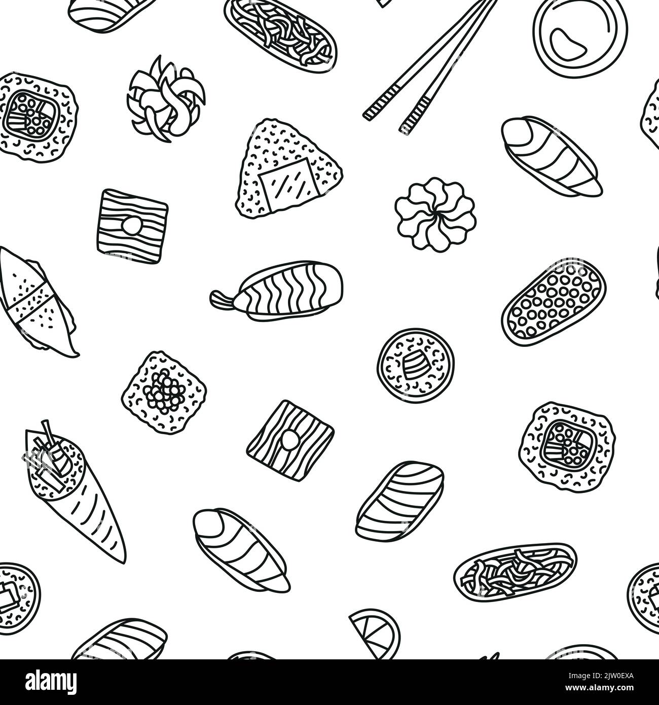 Motivo senza cuciture in bianco e nero con sushi e panini con contorni a forma di doodle. Illustrazione Vettoriale