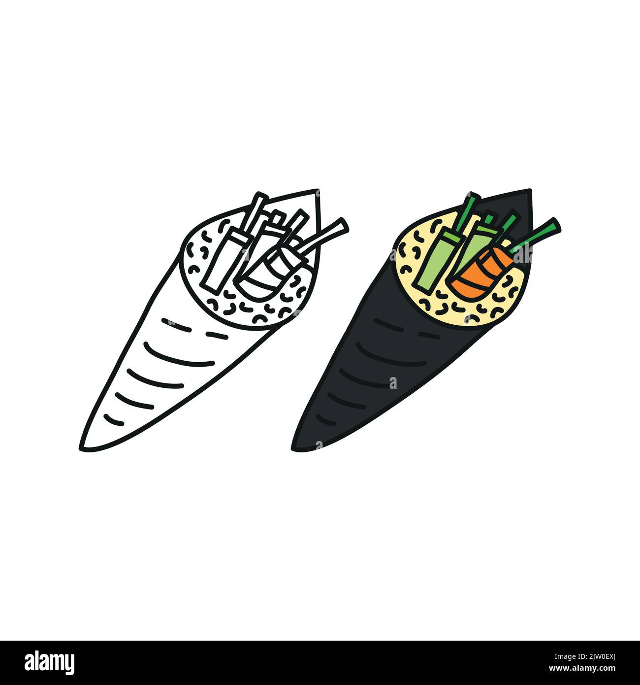Contorno di Doodle e sushi temaki colorato isolato su sfondo bianco. Illustrazione Vettoriale