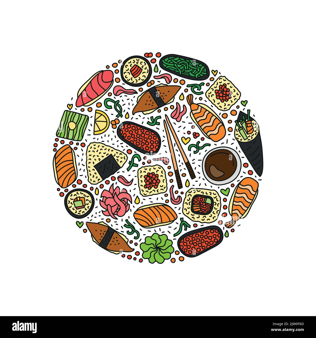 Sushi colorato, panini, bacchette, wasabi, zenzero e simboli composti a forma di cerchio. Illustrazione Vettoriale