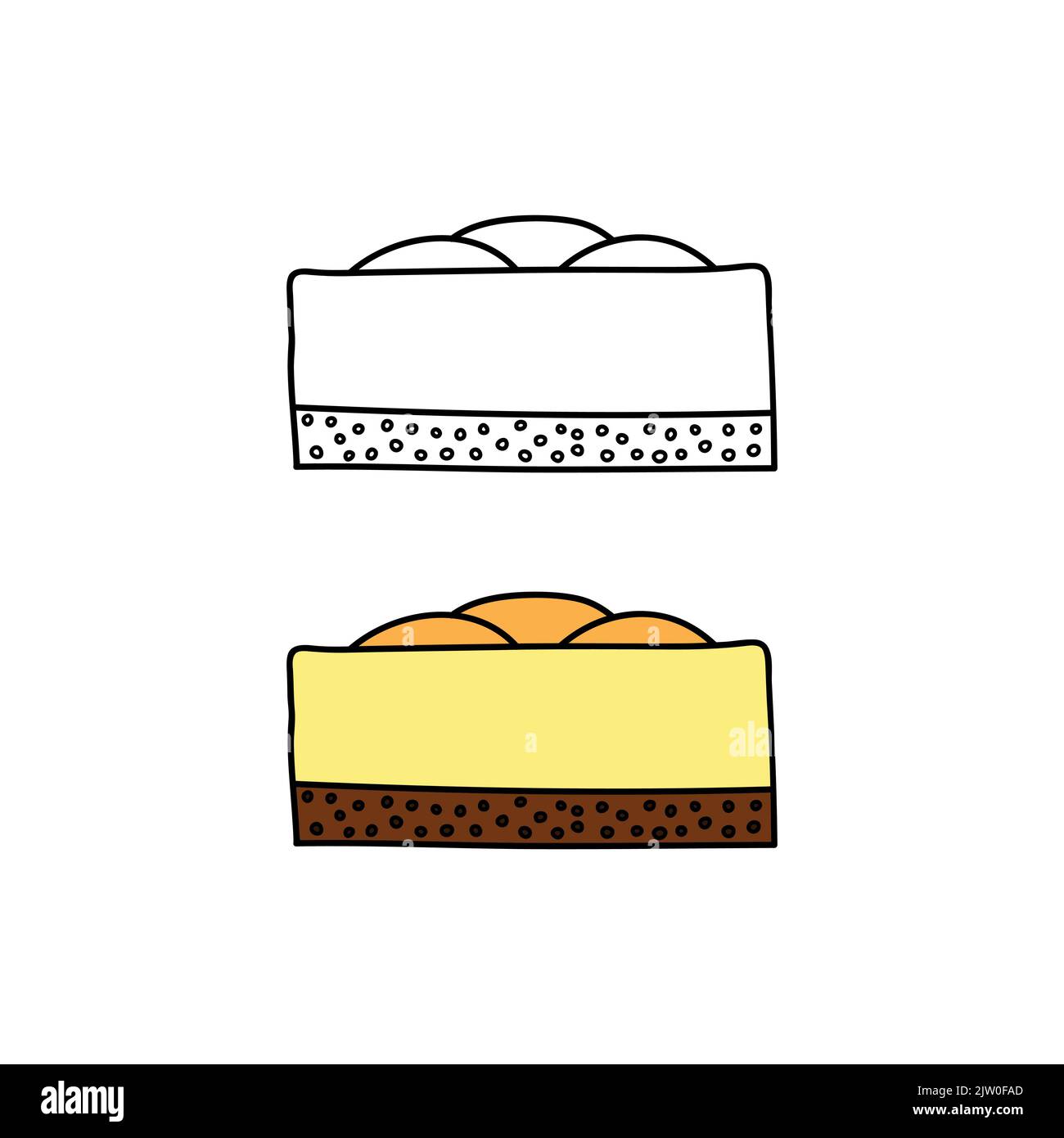 Doodle colorato e contorno cheesecake isolato su sfondo bianco. Illustrazione Vettoriale