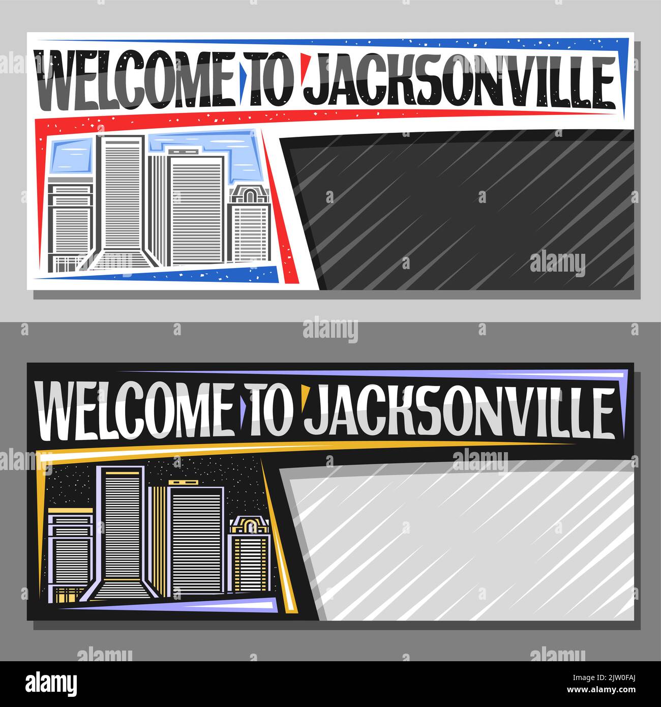 Layout vettoriali per Jacksonville con spazio copia, voucher decorativo con illustrazione della linea del paesaggio della città di jacksonville di giorno e sfondo del cielo crepuscolo, Illustrazione Vettoriale
