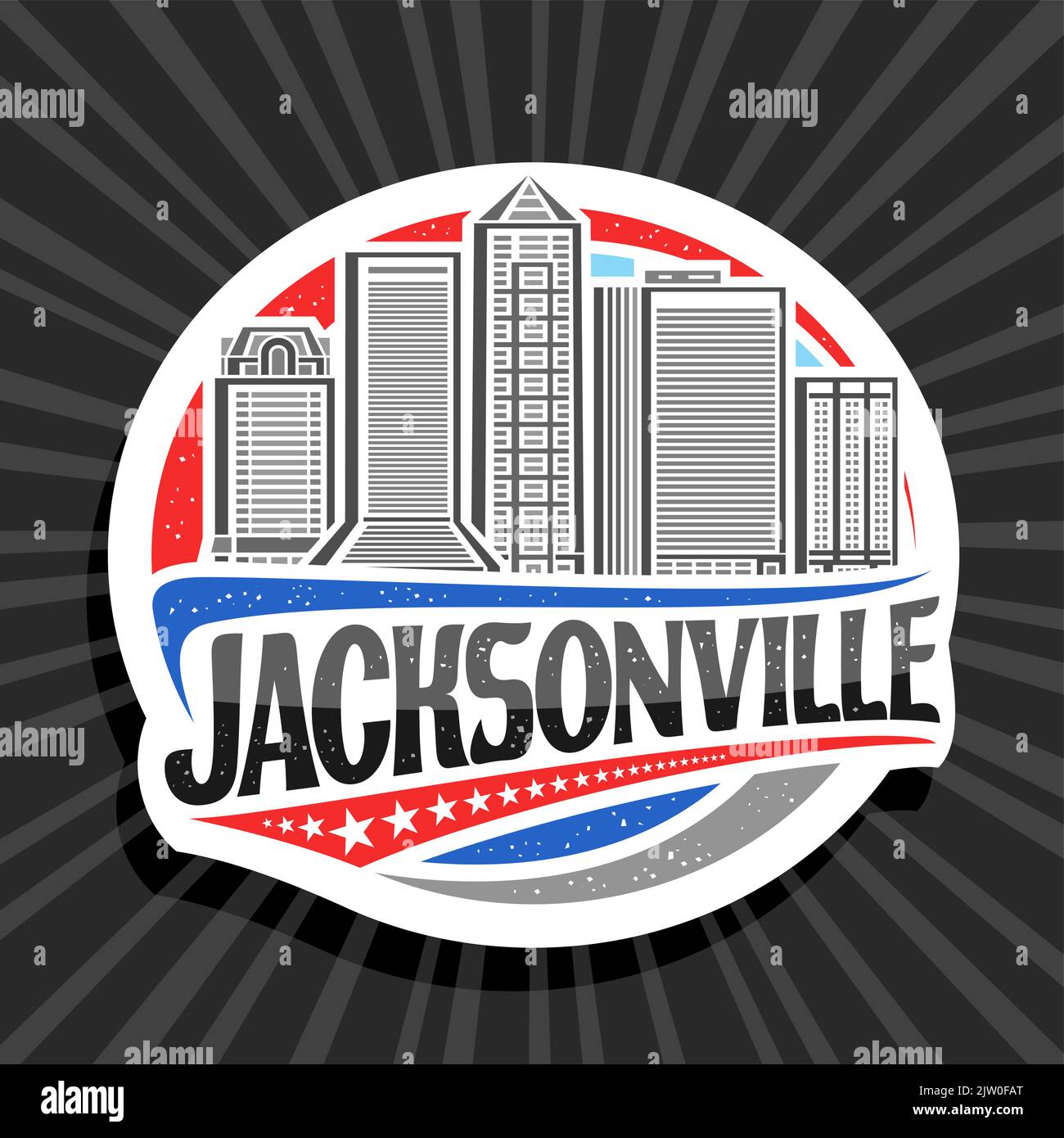Logo vettoriale per Jacksonville, etichetta decorativa bianca con illustrazione del paesaggio della città di jacksonville sullo sfondo del cielo del giorno, design d'arte frigorifero magnete Illustrazione Vettoriale