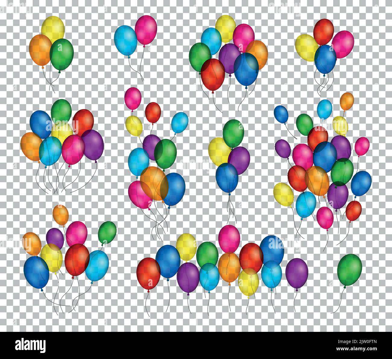 Grappoli e gruppi di palloncini colorati di elio isolati su sfondo trasparente. Illustrazione Vettoriale
