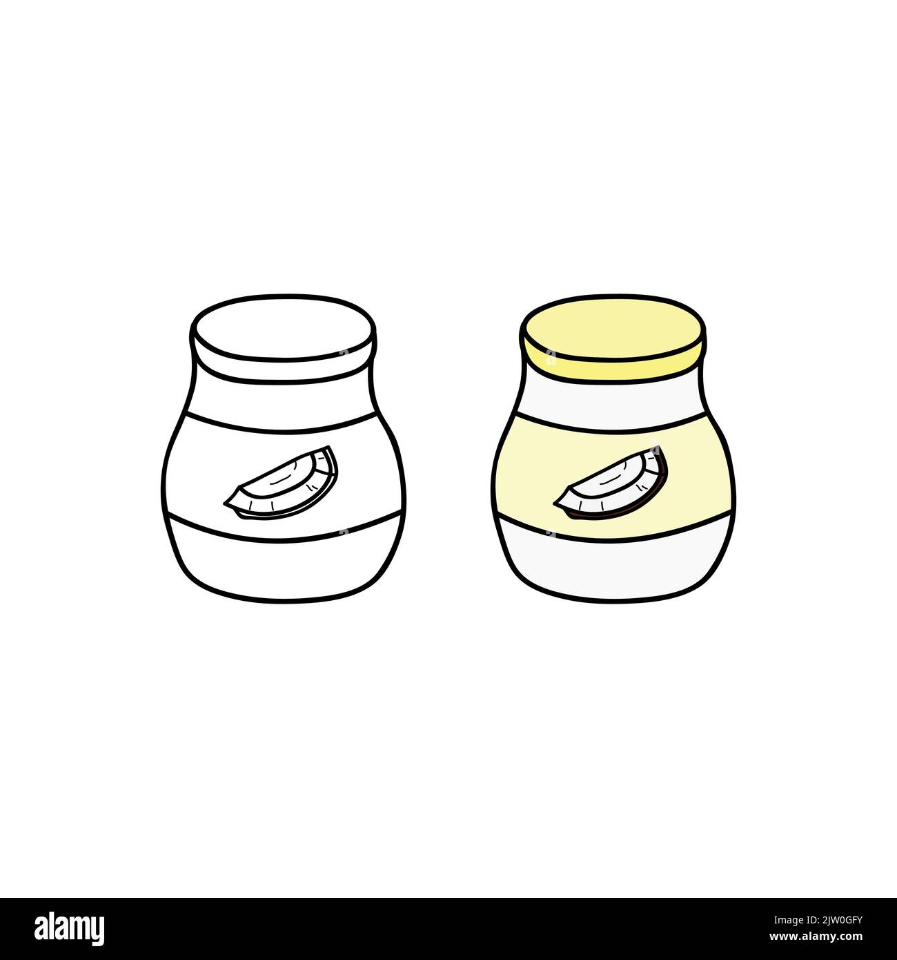 Contorno disegnato a mano e burro di cocco colorato o spalmato isolato su sfondo bianco. Illustrazione Vettoriale