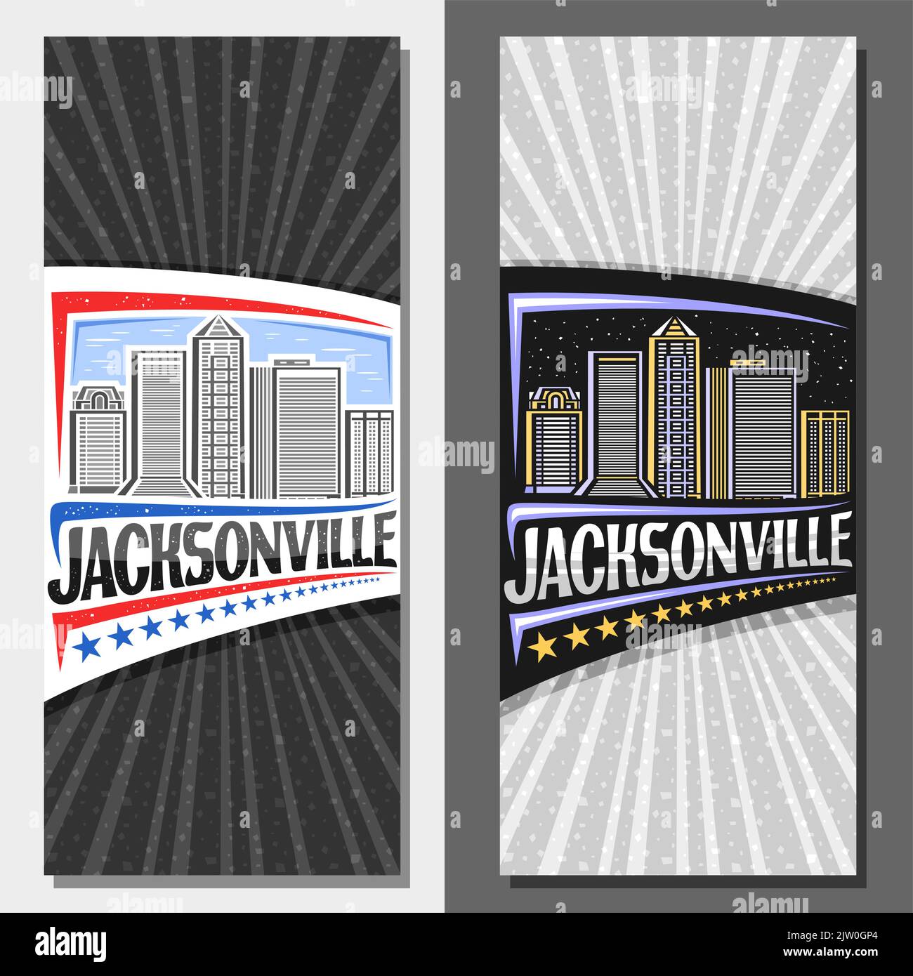 Layout verticali vettoriali per Jacksonville, volantini decorativi con illustrazione del paesaggio della città di jacksonville di giorno e sfondo del cielo crepuscolo, tour del design Illustrazione Vettoriale