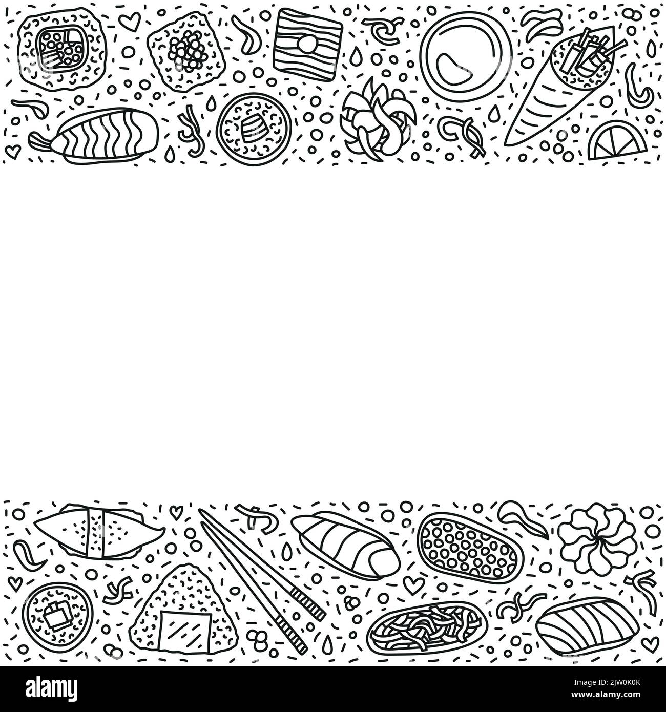 Poster con contorno sushi e rotoli di doodle con linee, vortici, simboli intorno. Illustrazione Vettoriale