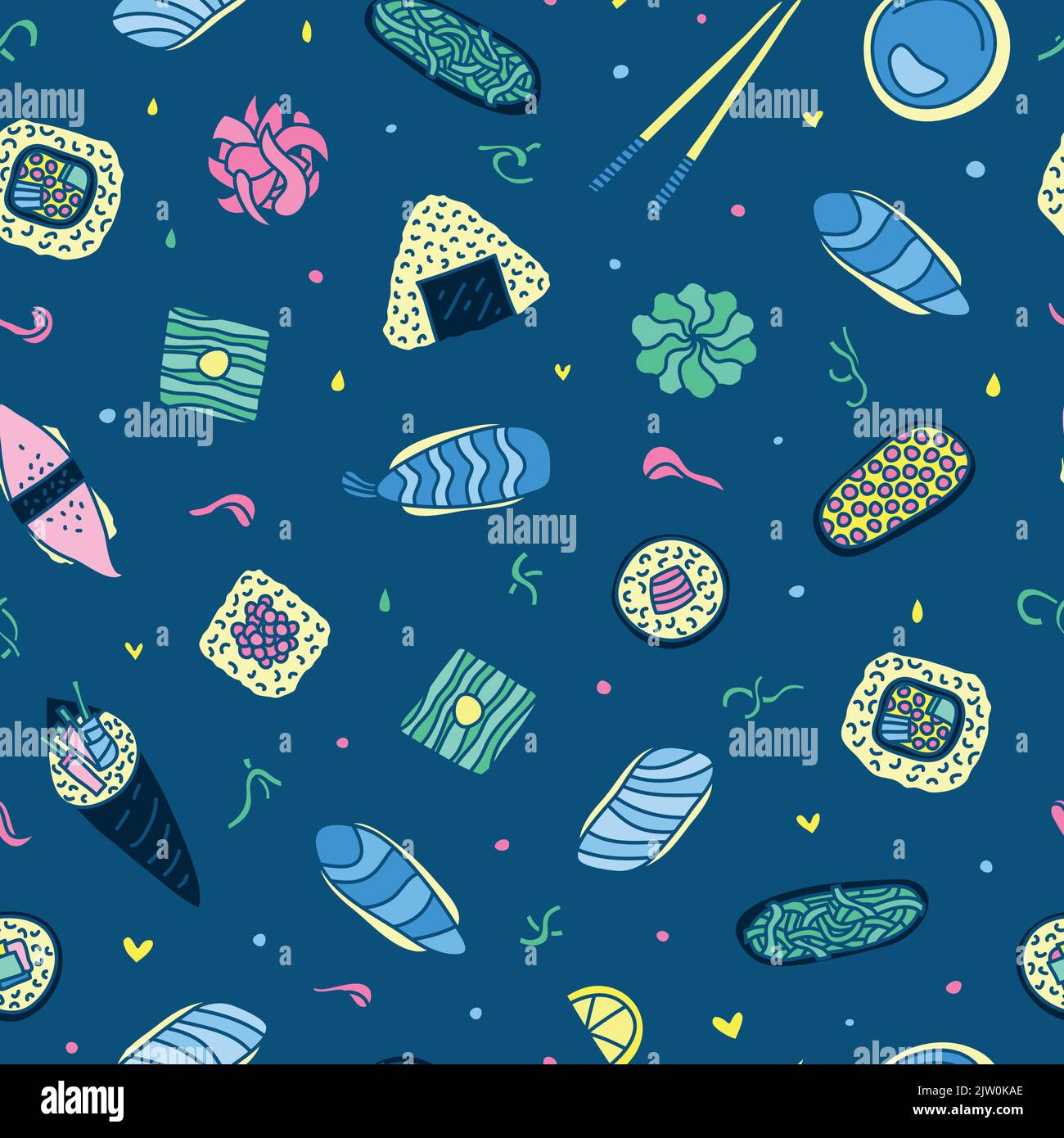 Motivo colorato e senza cuciture con sushi e panini a base di doodle. Illustrazione Vettoriale