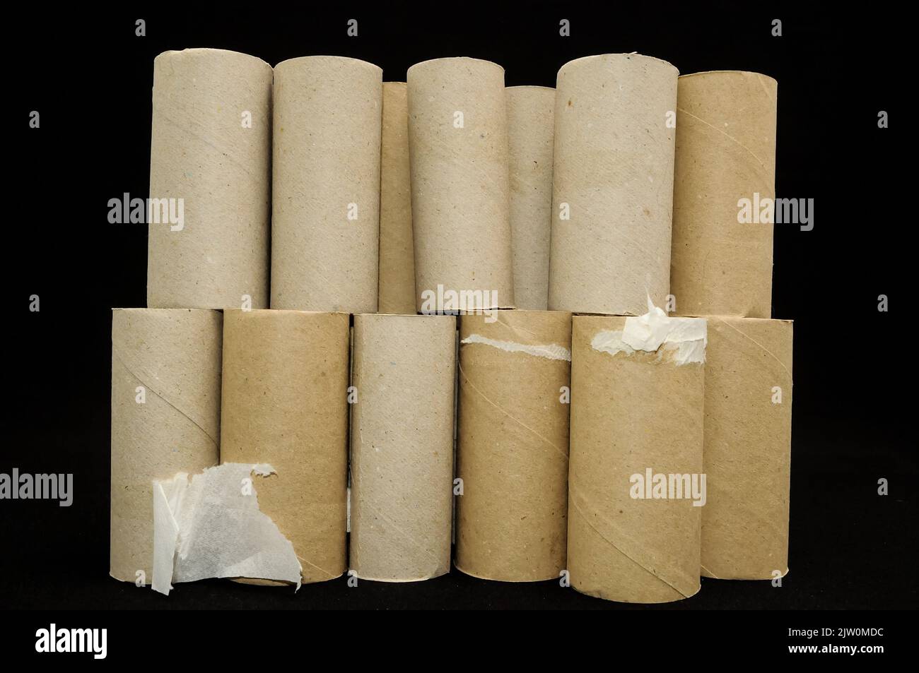 Una serie di rotoli di carta igienica vuoti impilati su due file davanti a uno sfondo nero Foto Stock