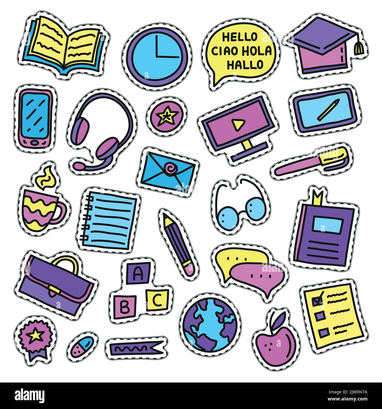 Set di corsi di lingua colorati doodle adesivi o patch isolati su sfondo bianco. Illustrazione Vettoriale