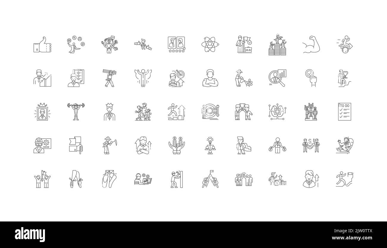 Illustrazione del concetto di prestazioni, icone lineari, set di segni di linea, collezione vettoriale Illustrazione Vettoriale