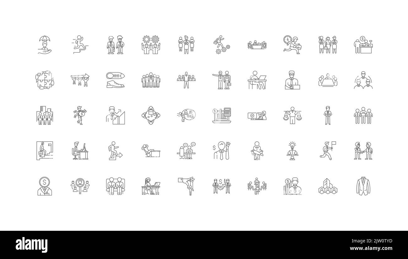 Idee per persone in ufficio, icone lineari, set di segni di linea, collezione vettoriale Illustrazione Vettoriale